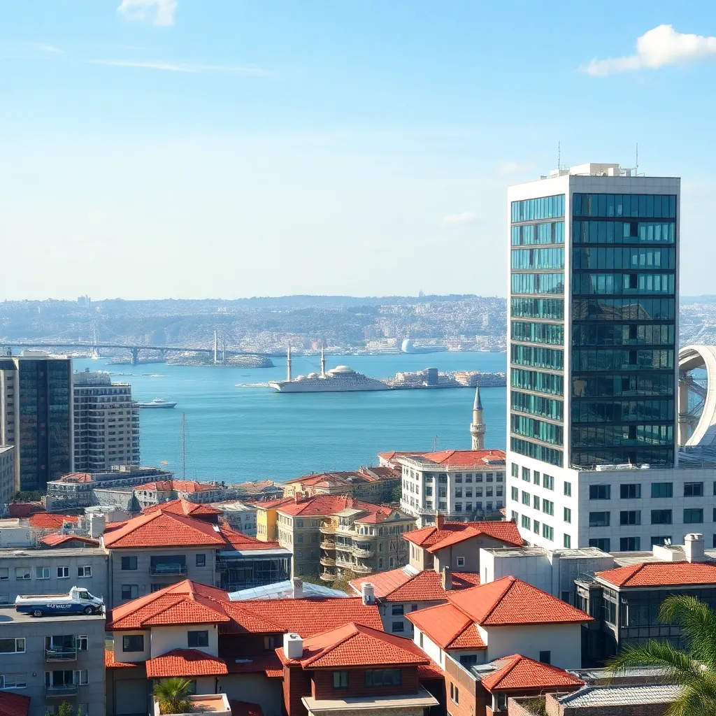 İstanbul'da modern iş bölgesi ve Boğaz manzarası